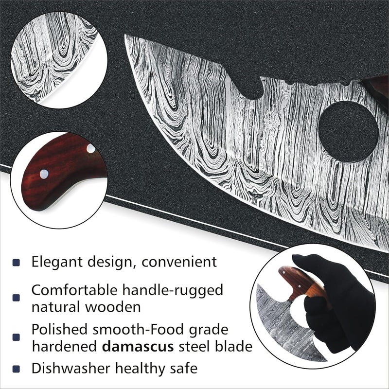 SHARDBLADE Alaskan Ulu With Sheath, Handmade 6.3" Damascus Steel Pizza Cutter Rocker With Wooden Handle, Premium Food Salad Chopper With Bottle Opener, Traditional Inuit Eskimo Knife - Image 2